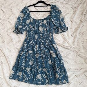 Trixxi Teal Blue Floral Puff-Sleeve Smocked Mini Dress